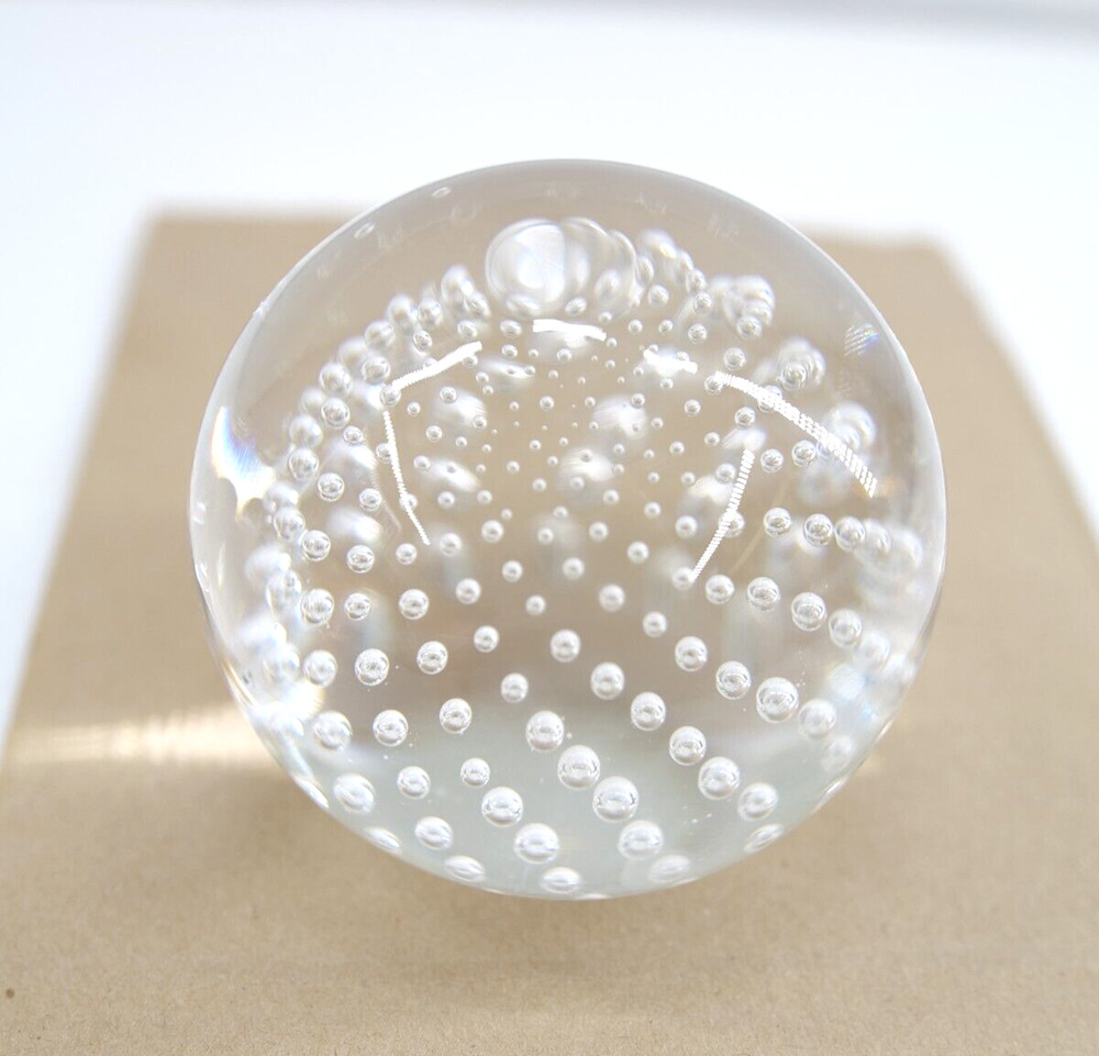 Vintage Clear Controlled Bubbles Art Glass Round Paperweight 3”